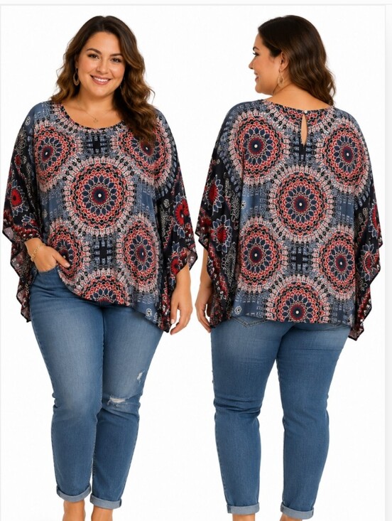 Tops - Boho Mandala Print 1X To 2X Kimono Sleeve Blouse Top Bohemian